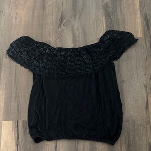 Black Off-Shoulder Lace Trim Top